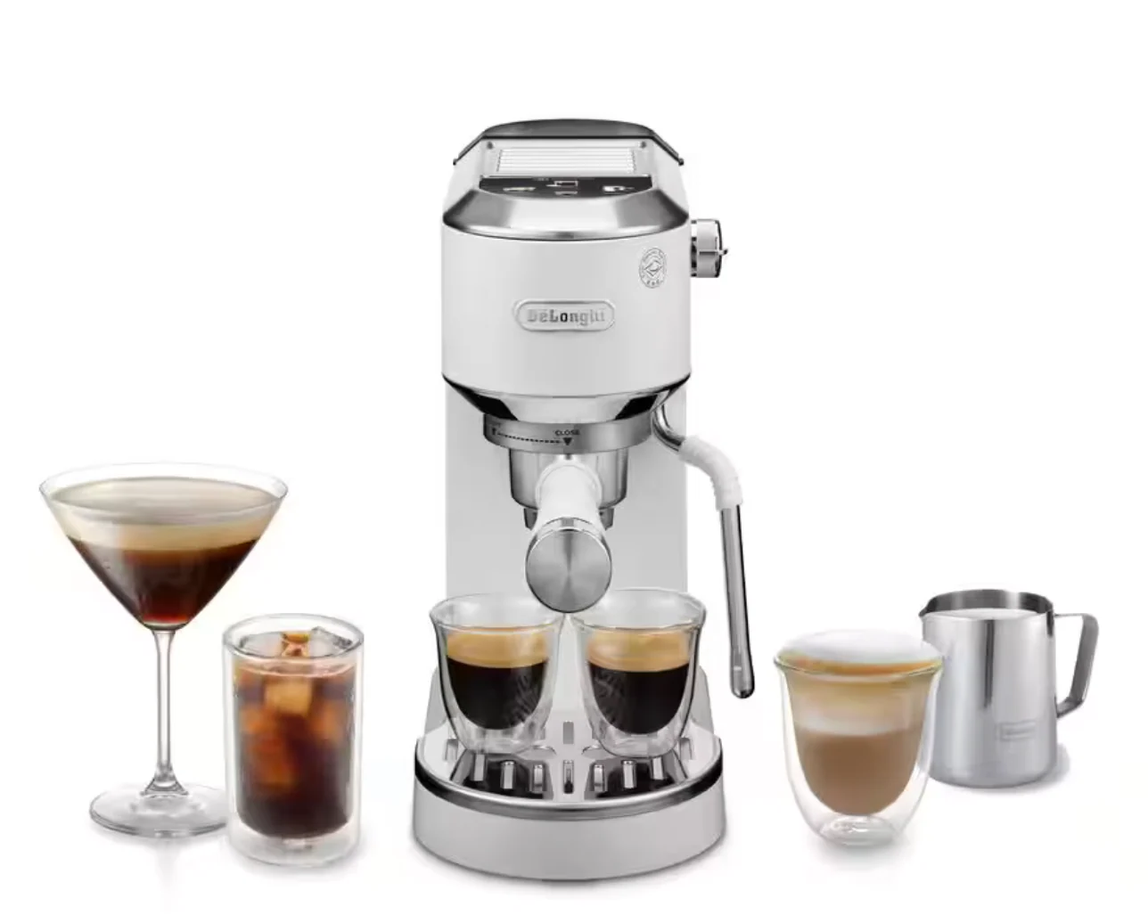 Delonghi EC890WI Dedica Duo Espresso Machine with Advanced Milk Steam Wand & Cold Brew Option in White